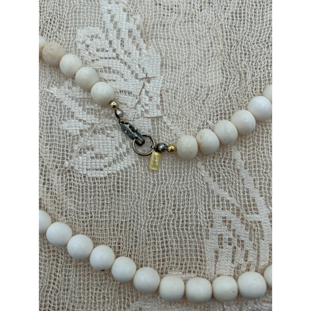 1980s Karla‎ Jordan Natural Stone Beaded Necklace Carved Medallion Cream #4524